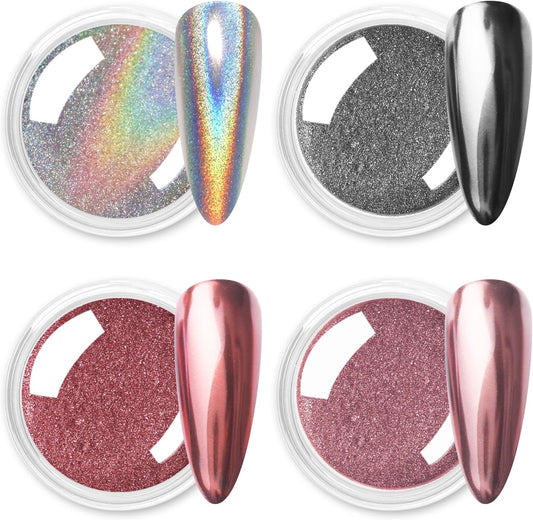 Allstarry Chrome Nail Powder, Metallic Mirror Effect Pigment Chrome Holographic Nail Glitter Magic Unicorn Glitter Dust Kit for Manicure Valentines Nail Art Decoration- Pink Silver Grey Series