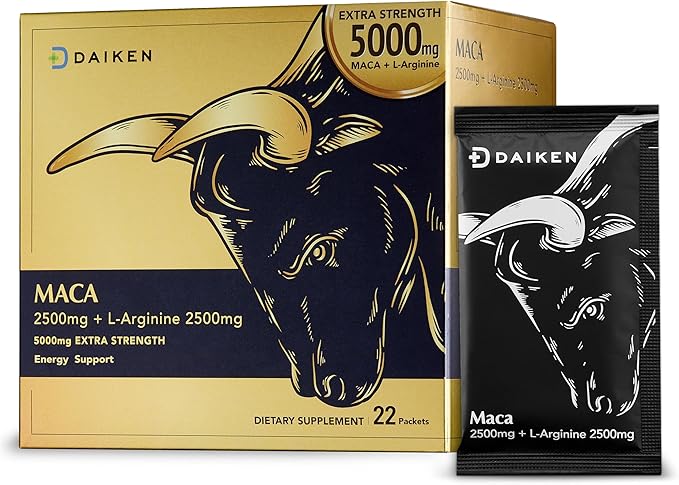 DAIKEN Peruvian Maca Root Powder Extra Strength 15,000 mg, Gelatinized Black, Red, Yellow Maca Blend with L-Arginine (2,500 mg) for Men and Women, Superior Absorption, Vegan, Lab Tested - 22 Packets