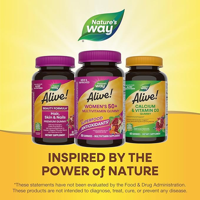Nature's Way Alive! Women’s 50+ Daily Gummy Multivitamins, Supports Multiple Body Systems*, Supports Healthy Heart, Brain & Bones,* B-Vitamins, Mixed Berry Flavored, 60 Gummies (Packaging May Vary)