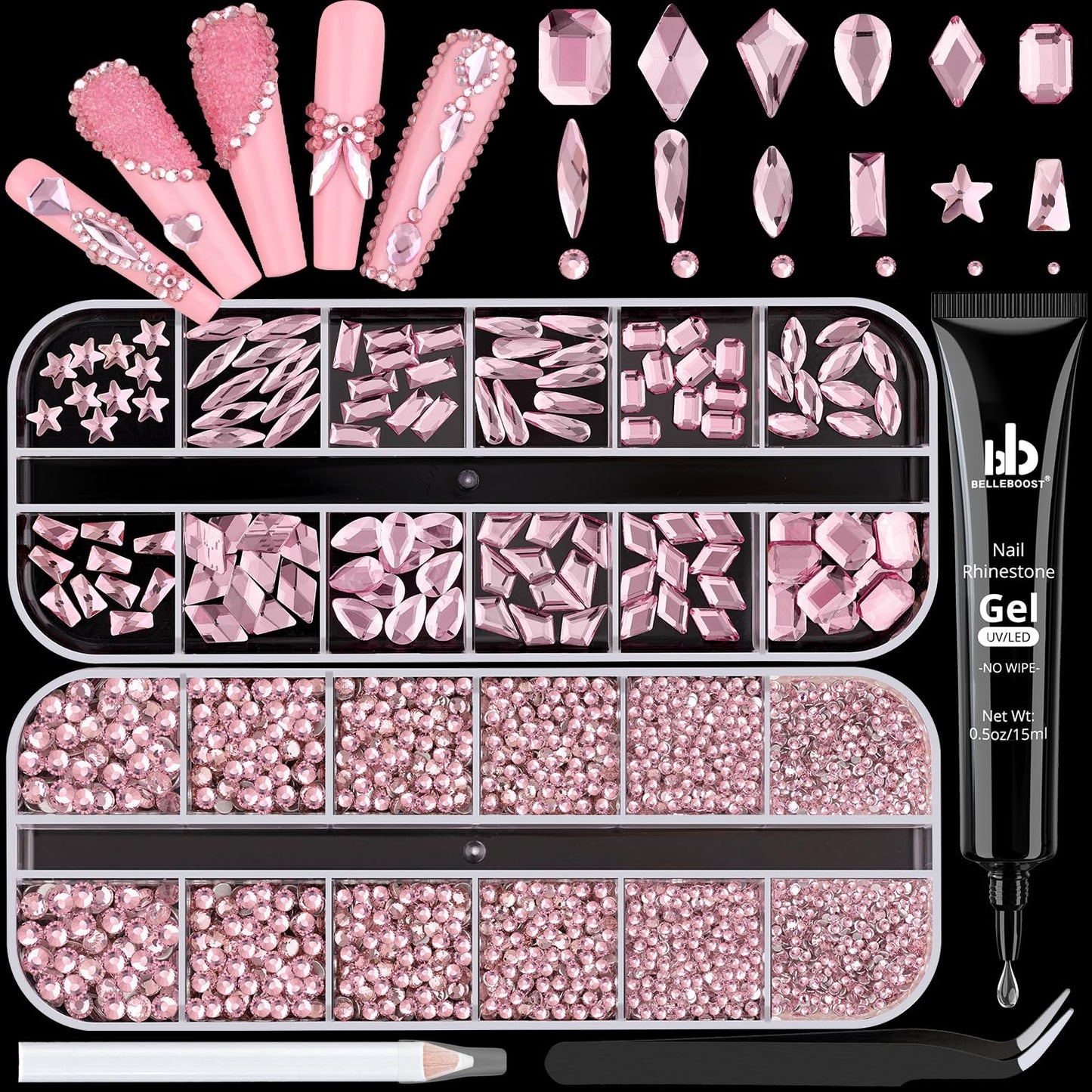 3220 Pink Glass Nail Rhinestones - Multi Shapes, Flatback Gems + 3100 Round Crystal with Glue Gel, Manicure Nail Charms for Art
