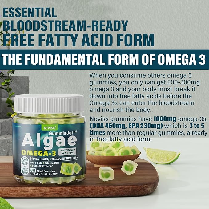 Vegan Omega 3 Gummies 1000mg w/MethylFolate, Vitamin B12, Plant Based DHA 460mg & EPA 230mg for Brain, Joint, Eye & Immunity, Sugar Free Fish Oil Omega 3 Supplements Alternative for Adults, 60 Cts