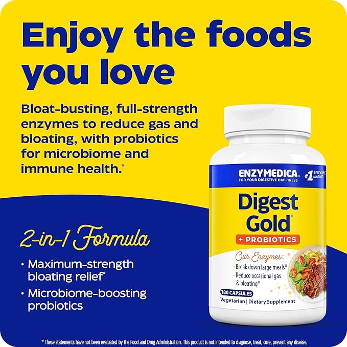 Enzymedica Digest Gold + Probiotics, 2-in-1 Formula for Gut Health, Digestive Enzymes & 1.5 Billion Active Probiotic Cultures, 180 Count (FFP)