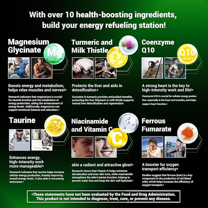 Energy Boost & Magnesium Glycinate, Contains Vitamin D3, Vitamin C, Turmeric Supplement, Ashwagandha Supplement, Milk Thistle, Calcium Supplement & Magnesium Supplement 60 Tablets