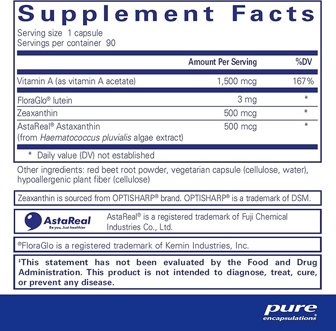 Pure Encapsulations Vitamin A + Carotenoids (Lutein, Zeaxanthin, and Astaxanthin) | Hypoallergenic Dietary Supplement | 90 Capsules