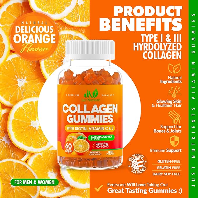 Collagen Peptides Gummies with Biotin, Vitamin C & E for Women & Men - Hair, Skin, Nails & Joints - Gluten-Free, Non-GMO - 60 Gummies