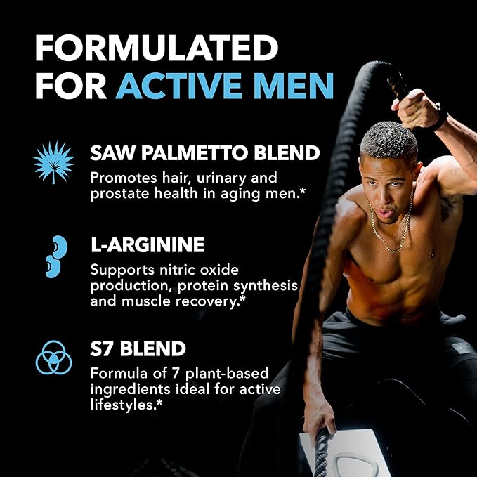 Saw Palmetto for Men with L Arginine Supplement - Hair Health & Male Health Support - L-Arginine Saw Palmetto Supplement with S7 Plant-Based Ingredients - Performance & Endurance - 60 Male Pills