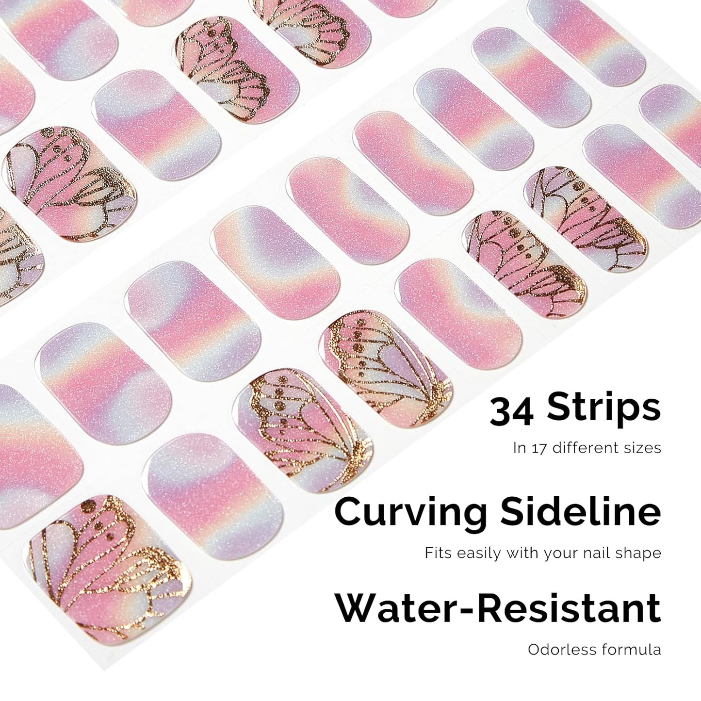 Semi Cured Gel Nail Strips - NAILOG 34 Pcs Rainbow Butterfly Gel Nail Stickers Pink Extra Long Nail Wraps with Glossy Gel Finishing for Spring Summer, Flying Wings