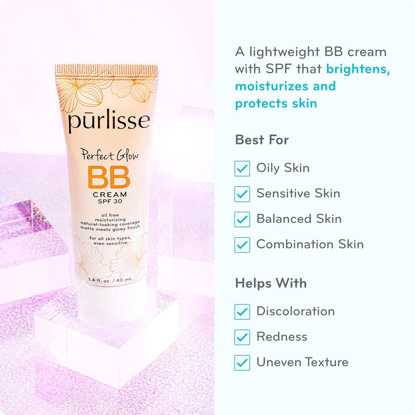 pūrlisse Perfect Glow BB Cream with SPF 30 - Matte Meets Dewy Finish - Enriched with Goji & Hawthorn Berry to Help Improve Skin Texture & Radiance - Medium Tan (1.4 oz)
