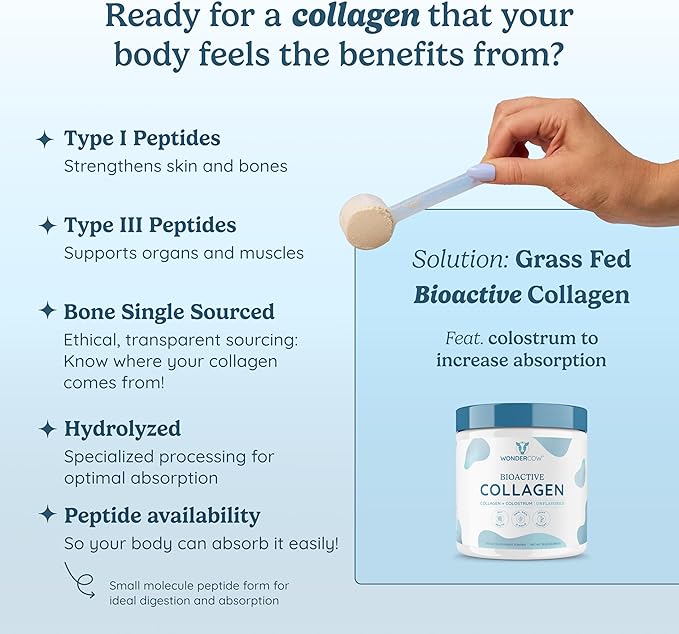Collagen Peptides Powder w/Bovine Colostrum, Naturally-Sourced Hydrolyzed Bone Collagen Powder, Hair Skin Nail & Joint Support,Type I & III Grass-Fed Collagen Supplements for Women & Men