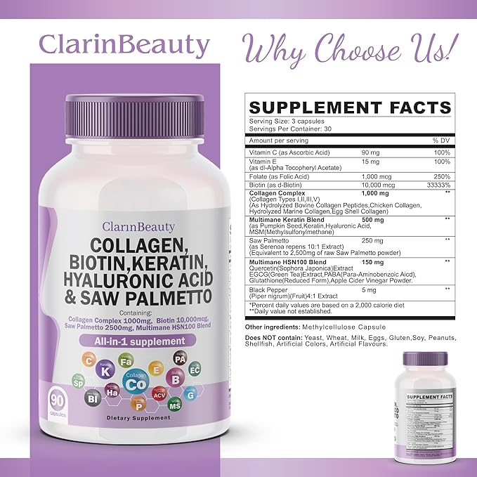 100% Natural Collagen Pills 1000mg Biotin 10000mcg Keratin Saw Palmetto 2500mg Hyaluronic Acid & Pumpkin Seed with Vitamin C and Vitamin E