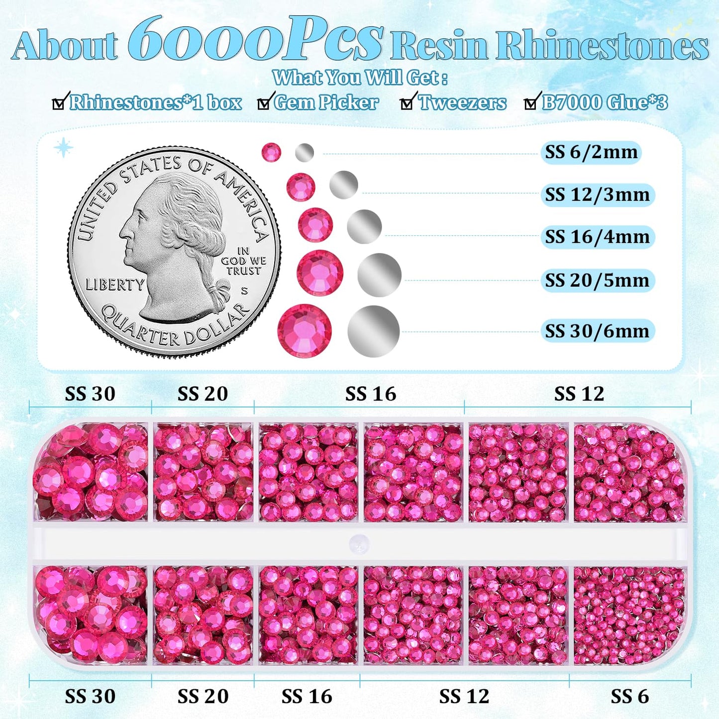 6000Pcs Resin Rhinestones for Bedazzling with 3Pcs B7000 Jewelry Glue, 1 Box Hot Pink Flatback Rhinestones for Crafting Crafts DIY, Crystals Gems for Clothing Shoes Tumblers Nail Art Makeup
