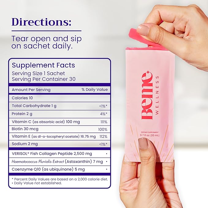 BeMe Liquid Collagen Drink, Be Radiant (Peach) - Liquid Collagen for Women & Men - Drinkable Supplement with Collagen Peptides, Biotin, & Vitamin C Supports Hair, Nail, & Skin Health - 30 Sachets