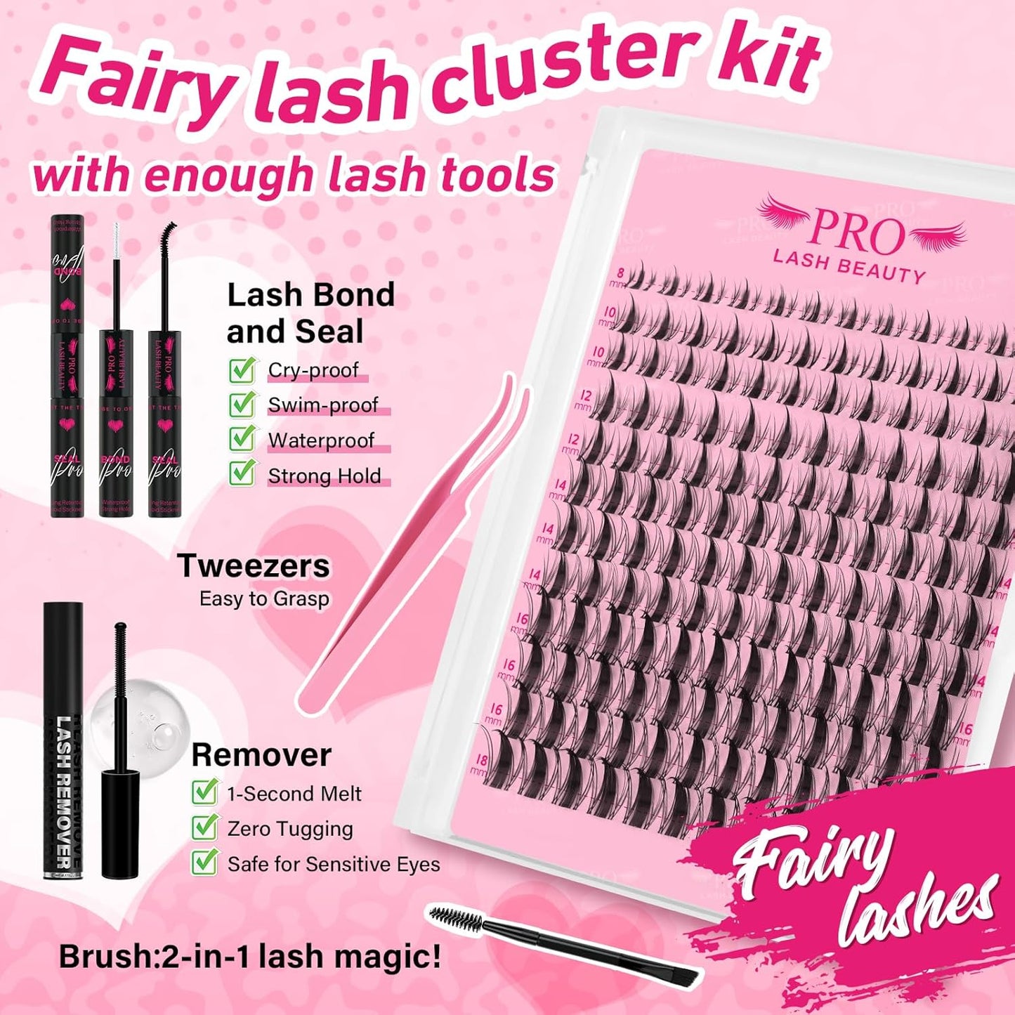 PROLASHBEAUTY Fairy Lash Clusters Kit Manga Spiky Eyelash Clusters Ultra Thin Band Natural Look Lashes Kit with Lash Bond and Seal Remover (Fairy, 8-18mix)