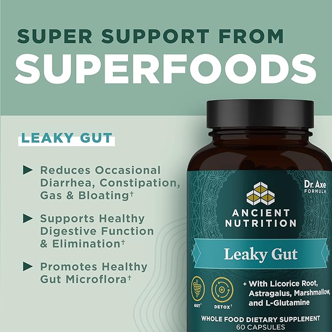 Gut Health Supplement by Ancient Nutrition Leaky Gut Capsules, 60ctFormulated with Licorice Root, Astragalus, Marshmallow, and L-Glutamine, Gluten Free, Paleo and Keto Friendly, 60 Ct