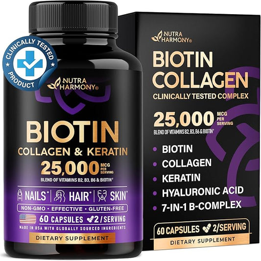 Biotin | Collagen | Keratin - Clinically Tested Supplement - Hair Growth Support - Skin & Nails Complex 25000 mcg - Hyaluronic Acid | B2 | B3 | B6 | B7 - Made in USA - For Women & Men | 60 Capsules
