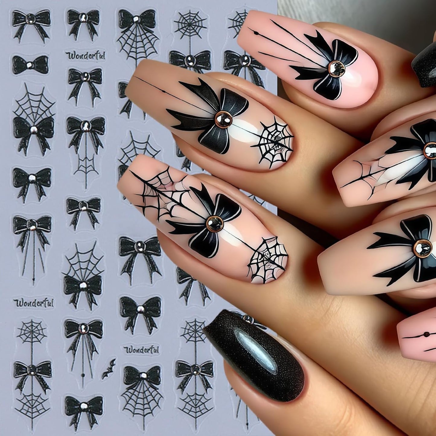 4 Sheets Embossed Halloween Nail Stickers for Nail Art 5D Self-Adhesive Black Bow Spider Web Nail Art Stickers Bow Blood Drop Bats Nail Decals Nails Design Sticker for Women DIY Festival Nail Decor