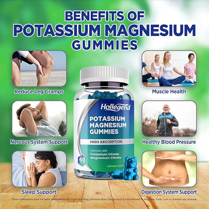 Potassium Magnesium Gummies, High Absorption Potassium Citrate 99mg Magnesium Citrate 180mg, Chewable Gummy Supplements for Leg Cramps & Muscle, 120 Count