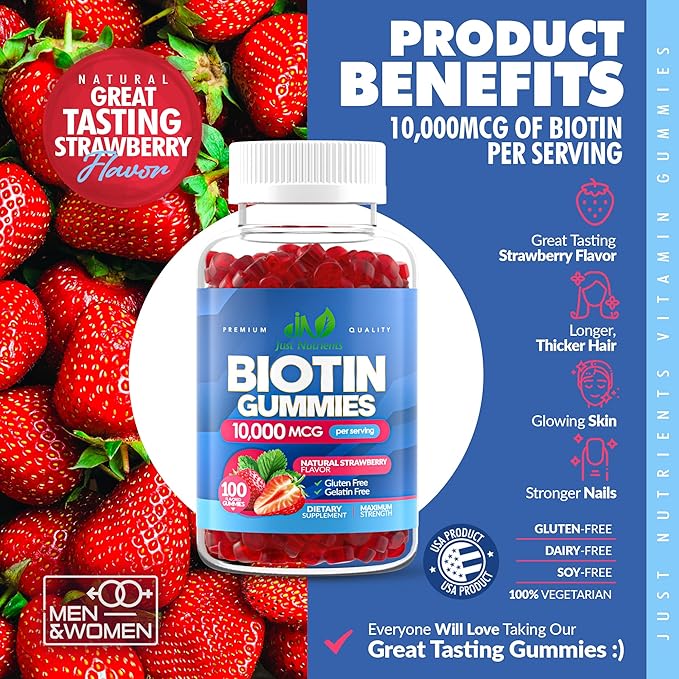 Biotin 10,000mcg Gummies for Women & Men (100 Count) - 2x Extra Strength Biotin for Hair Growth, Skin & Nails - Gluten-Free, Vegan, Non-GMO, Great Tasting Strawberry Flavor - 100 Gummies