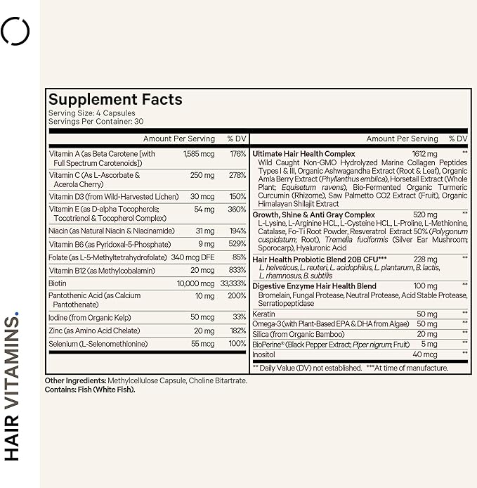 Codeage Hair Vitamins 10000 mcg Biotin, Keratin, Collagen, Vitamin A, B12, C, D3, E, Zinc, Turmeric, Probiotics, Enzymes, Inositol - Hair Care Support - Healthy Hair Supplement Pills - 2 Pack