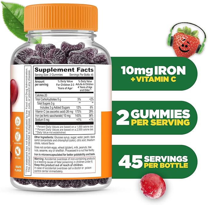 Iron Supplements for Kids | 10mg | with Vitamin C | Great Tasting Iron Gummies for Kids | Vegan Non GMO Kids Iron | for Immune Health and Iron Deficiency | 90 Gummies | Lifeable
