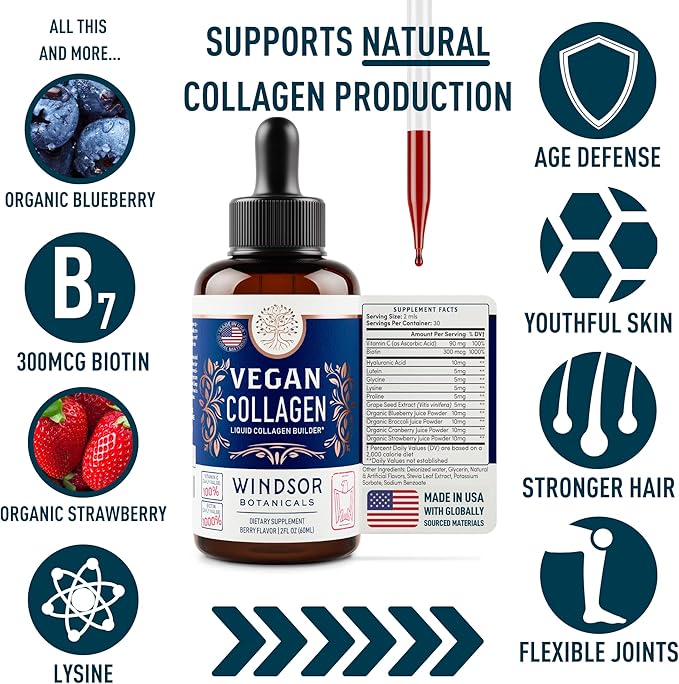 Vegan Collagen Builder Liquid Supplement - Collagen Booster with Vitamin C, Biotin, Hyaluronic Acid & Amino Acids - Vegetarian Collagen for Women, Organic Fruit & Vegetable Blend - 60ml, 30 Day