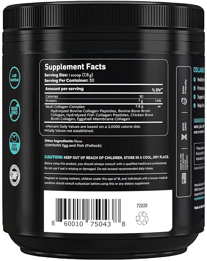 Vital Vitamins Collagen Powder Unflavored - Multi Collagen Type I, II, III, V, X - Collagen Peptides Powder for Women & Men - Promotes Hair, Skin, Nails, & Joint Health - 30 Servings