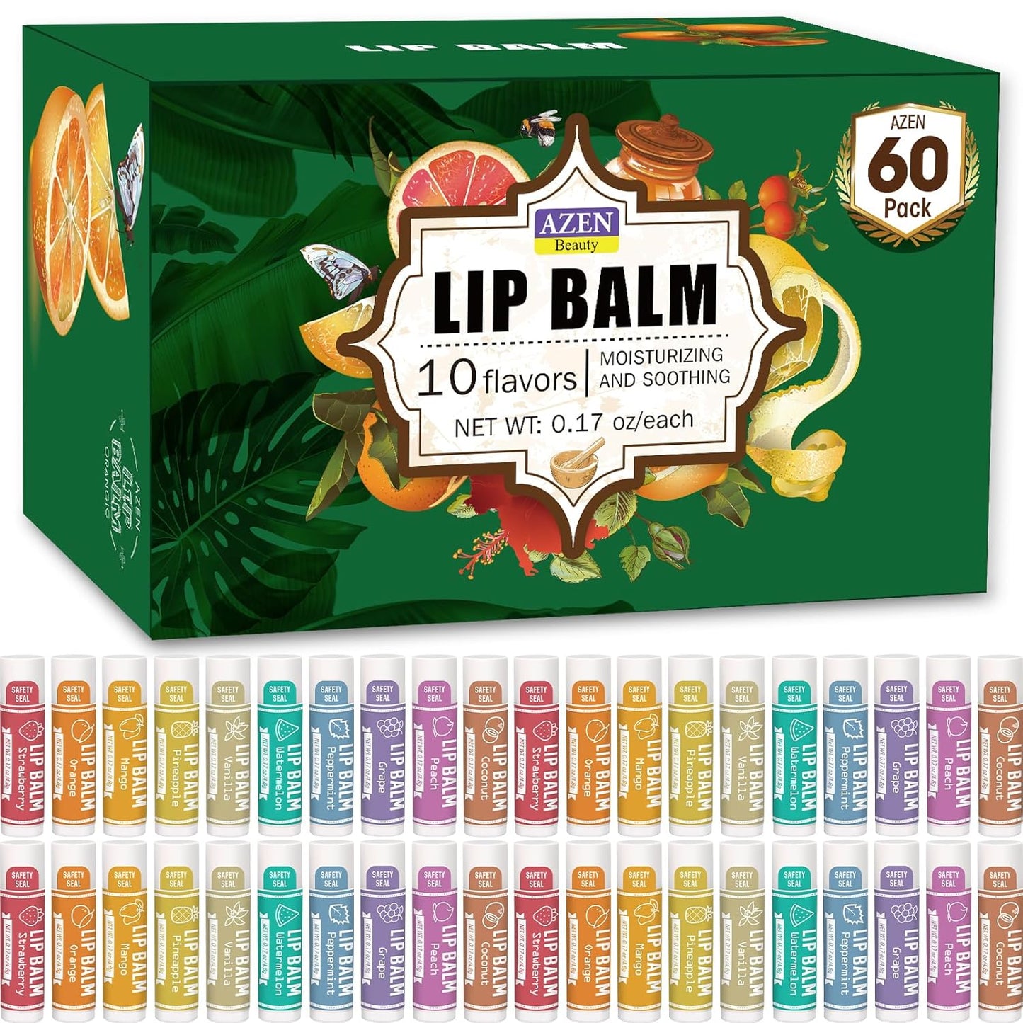 AZEN 60 Pack Natural Lip Balm, Moisturizing Lip Care Product for Dry Cracked Lips (C-60) - 10 Flavors