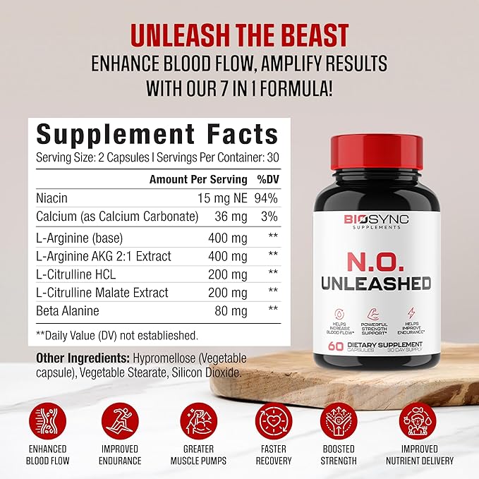 BioSync | #1 New Nitric Oxide Supplement Booster for Men | L Citrulline, L Arginine, Beta Alanine + 4 More Ingredients for Rapid Blood Flow, Skin Splitting Pumps, Strength - 60 Capsules