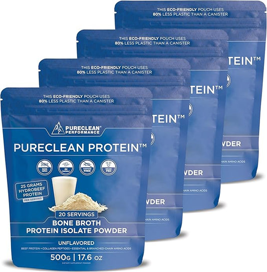 PureClean Protein 25G Organic Grass Fed Beef Bone Broth Protein from Swedish Cattle - Paleo, Keto-Friendly, Gluten-Free, Sugar-Free, Dairy-Free - Enhanced with Collagen Peptides - (4 Bags Unflavored)