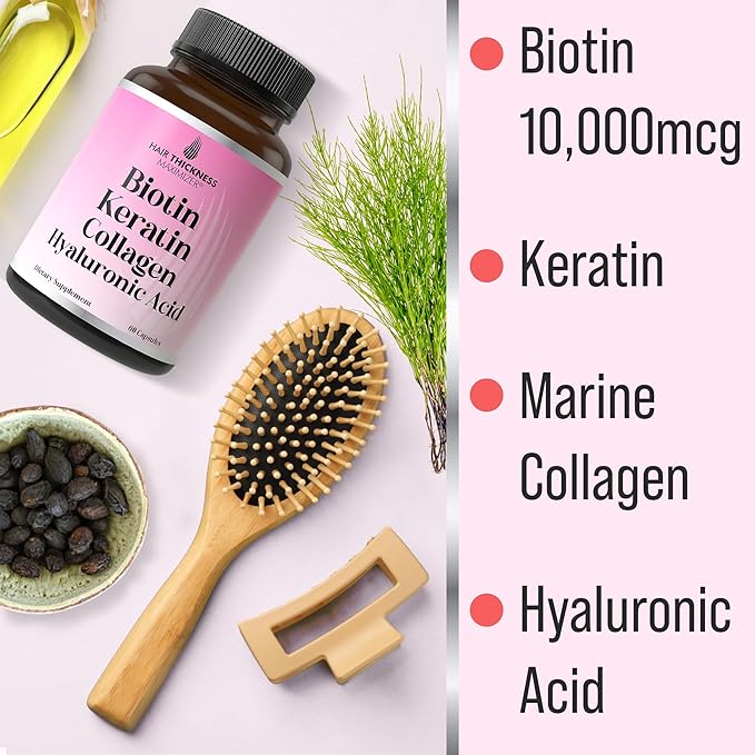 Biotin + Keratin + Marine Collagen + Hyaluronic Acid. Advanced 4-in-1 Hair Growth Vitamins Capsules. Hair Thickening Complex with 10000mcg Biotin. Supplement for Women & Men with Hair Loss, Thinning