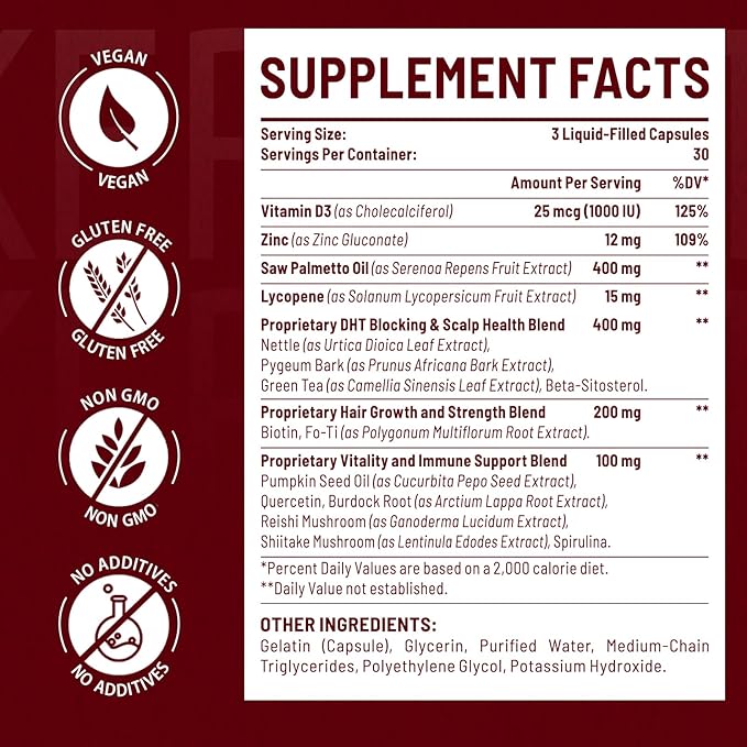 DHT Blocker for Men | Hair Growth Supplement with Saw Palmetto & Biotin - Hair Growth Vitamins - Hair Regrowth - Natural Hair Loss Supplements Liquid-Filled - Proprietary Herbal Blends (90 Capsules)