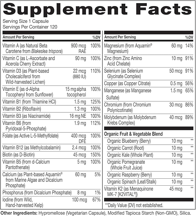 NATURELO One Daily Multivitamin for Women 50+ (Iron Free) - Menopause Support for Women Over 50 - Whole Food Supplement - Non-GMO - No Soy - 120 Capsules - 4 Month Supply