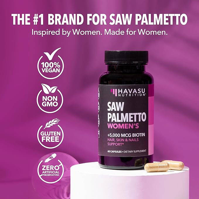 Saw Palmetto for Women + 5000 mcg Biotin Supplement | DHT Blocker Hair Health Vitamins | Supports Stronger Appearance of Hair for Women Post-Partum | 2 Month Supply Vegan Women's Saw Palmetto