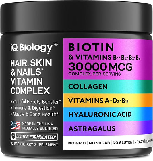 Biotin 10,000 mcg with Vitamins B1, B2, B3, B6 (30,000 mcg Complex per Serving) - with Keratin, Collagen, and Hyaluronic Acid – Hair, Skin & Nails Supplement for Women & Men – 60 Capsules