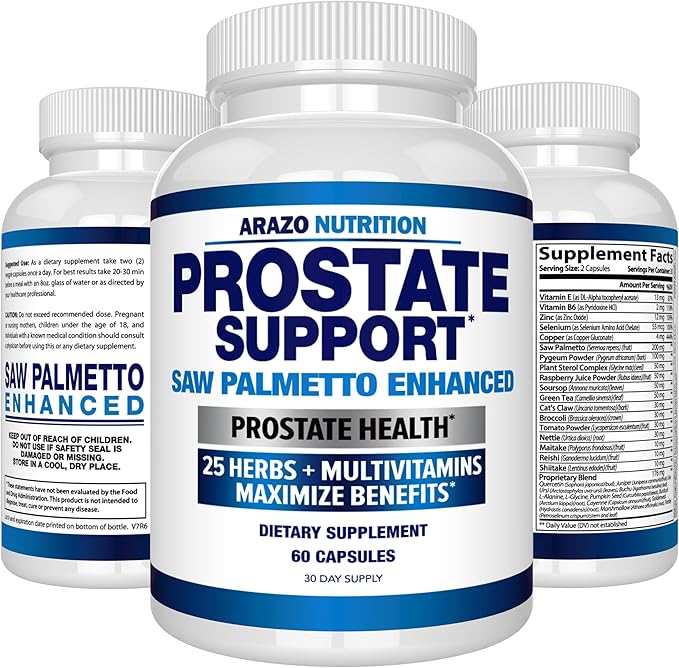 Arazo Nutrition Prostate Supplement - Saw Palmetto + 25 Herbs - Reduce Frequent Urination, Reduce Hair Loss, Support Stamina – Single Homeopathic Herbal Extract Health Supplements - Capsule or Pill