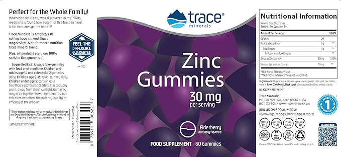 Trace Minerals Zinc Gummies - Chewable Zinc Supplement with Elderberry - Supports Immune System Health - Supplement to Aid Healthy Digestion & Development - Elderberry, 60 Gummies (30 Servings)