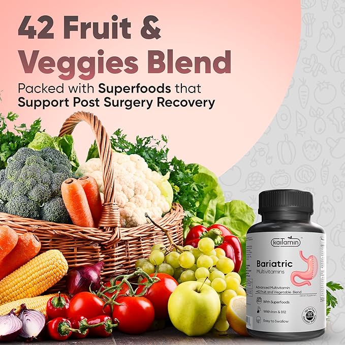 Bariatric Multivitamin with Iron for Post-Bariatric Surgery - Easy-to-Swallow Liquid Capsules with 42 Fruit & Veggie Blend - 120 Capsules, 2 Month Supply