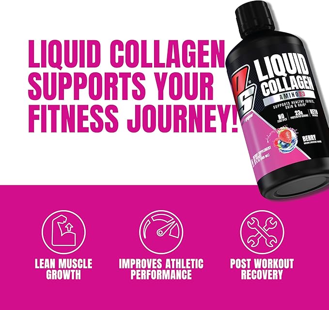 PROSUPPS Amino23 Liquid Collagen Shots, 23g Collagen Protein Promotes Exercise Recovery, Healthy Skin, Hair, Nails & Join Support – Convenient On The Go Bottle, Berry