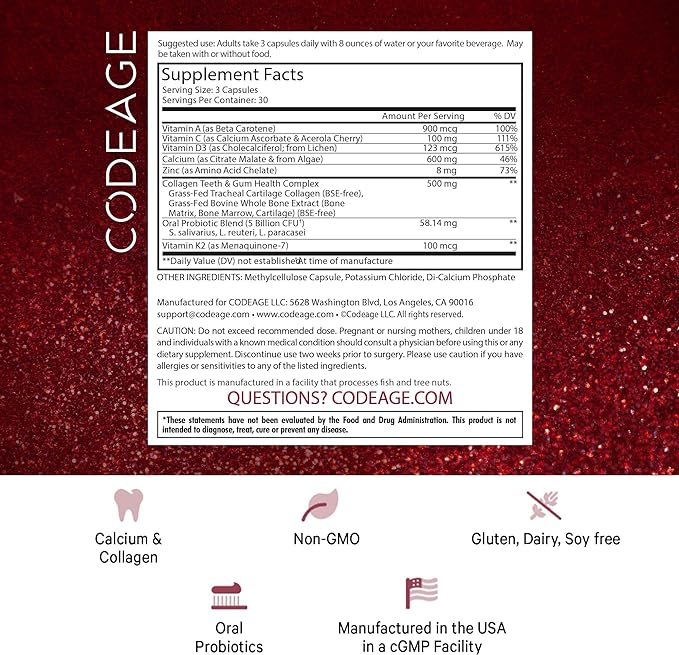 Codeage Teeth & Gums Vitamins + Oral Probiotics Supplement for Mouth - Whole Food Calcium, Collagen, Potassium, Vitamin C, D3, K2, Zinc – Oral Care & Dental Multivitamin Supplements - 2 Pack