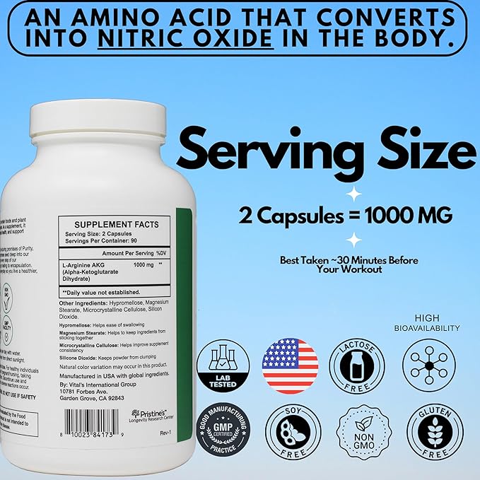 PRISTINE'S L Arginine Supplements for Men & Women - 1000mg Capsules 90 Day Supply Blood Flow & Pre Workout Amino Acid Support