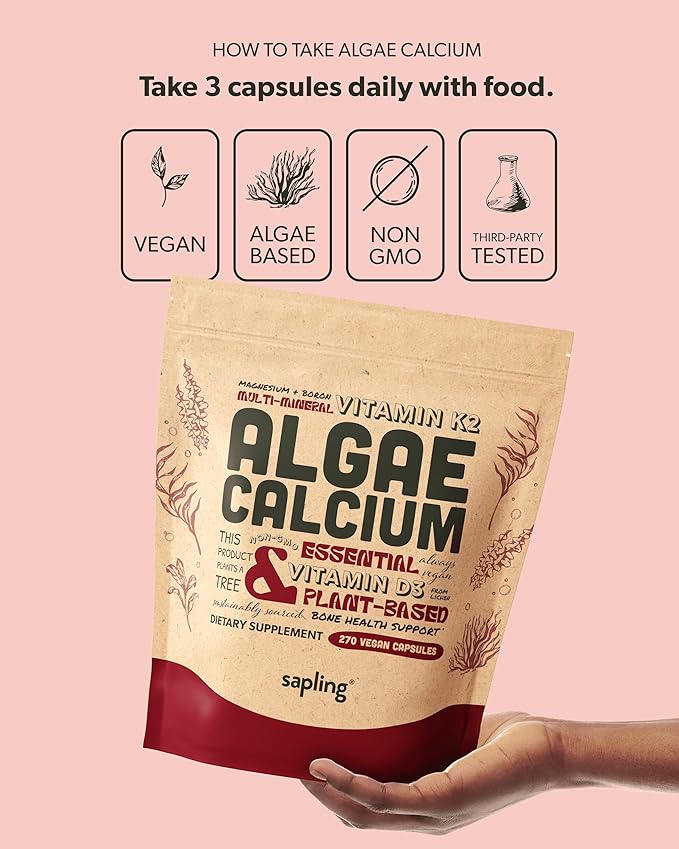 Calcium Supplement - Whole Food with Vitamin K2 & D3, Magnesium, Zinc, Boron, Mineral Complex. Sourced Sustainably from Red Algae. for Bone Strength and Support. Non-GMO & Vegan (270 Count)