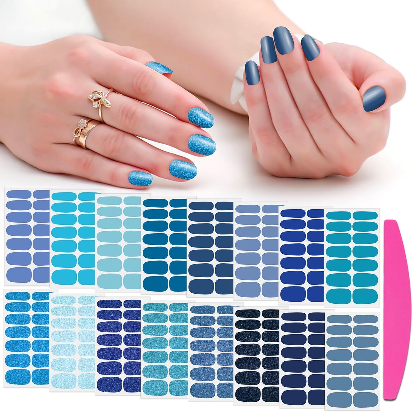 SILPECWEE 16 Sheets Blue Nail Wraps for Women Glitter Solid Color Nail Polish Stickers Stick on Nail Polish Strips Gel Nail Strips Self Adhesive Fingernail Manicure Design with Nail File