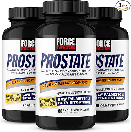 FORCE FACTOR Prostate, 3-Pack, Saw Palmetto and Beta Sitosterol Supplement for Men, Prostate Health Support, Size Support, Urinary Relief, Bladder Control, Reduce Nighttime Urination, 180 Softgels