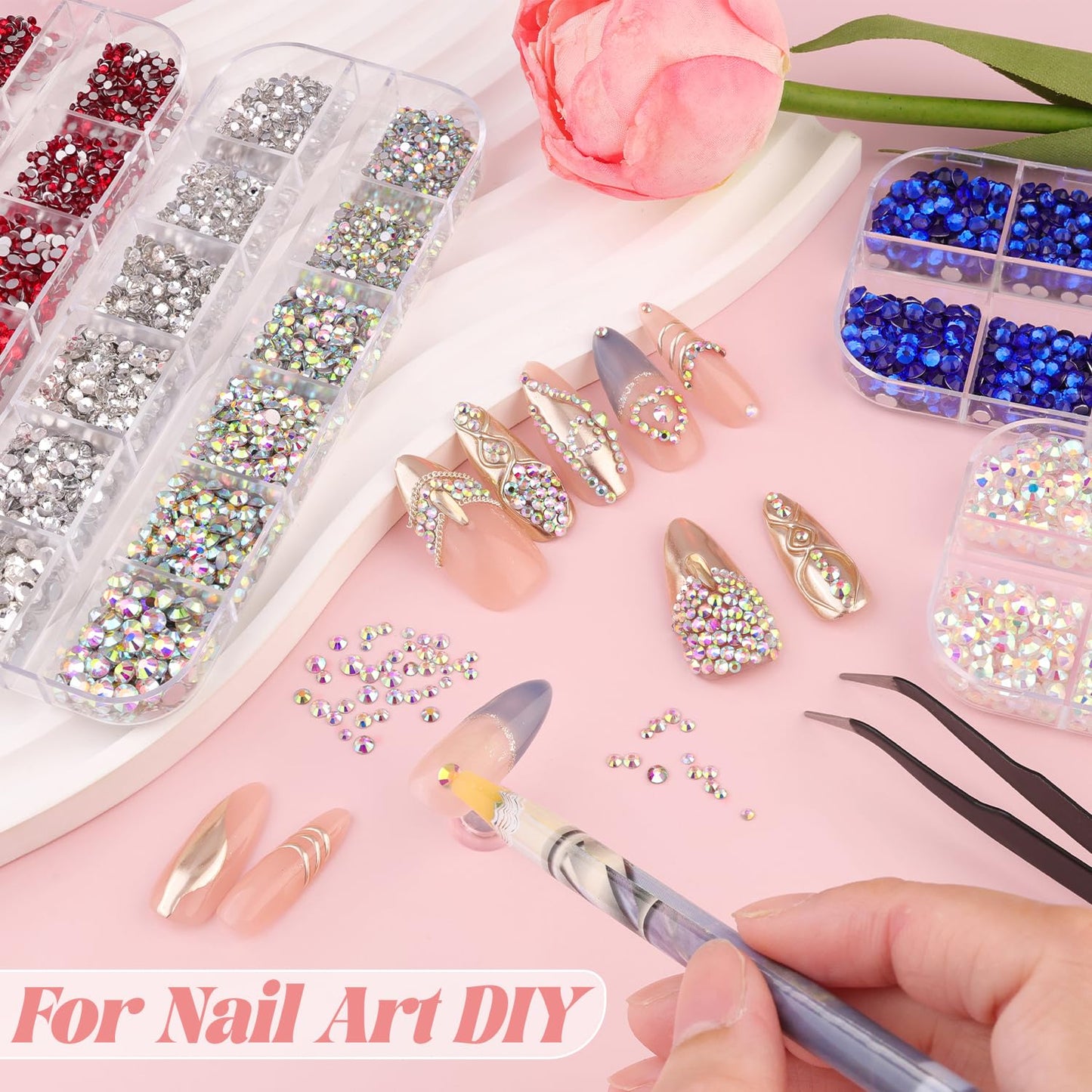3600pcs Glass AB and Transparent White Nail Rhinestones 6 Sizes(1.8/2/2.4/2.8/3/4mm) Flatback Crystal Nail Charms Jewels Decoration for Nail Art and Crafting, Tweezer and Pickup Pen included
