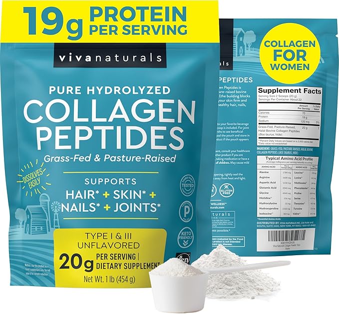 Viva Naturals Bovine Collagen Peptides Powder, 1 lb – Hydrolyzed Collagen for Women – Supporting Healthy Joints, Hair Skin and Nails – Unflavored Collagen Powder