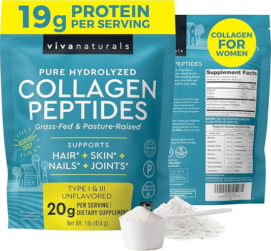 Viva Naturals Bovine Collagen Peptides Powder, 1 lb – Hydrolyzed Collagen for Women – Supporting Healthy Joints, Hair Skin and Nails – Unflavored Collagen Powder