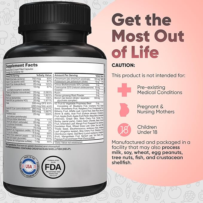 Bariatric Multivitamin with Iron for Post-Bariatric Surgery - Easy-to-Swallow Liquid Capsules with 42 Fruit & Veggie Blend - 120 Capsules, 2 Month Supply