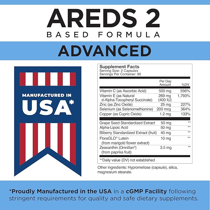 Viteyes AREDS 2 Advanced Eye Vitamins, Macular Support with Bilberry, grapeseed, FLORAGLO Lutein, Selenium, Natural Vitamin E, Allergen Free, Vision Protection, Eye Doctor Trusted, 180 Count