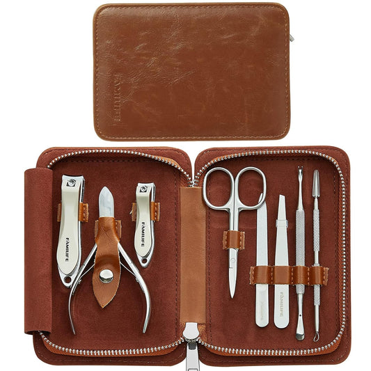 FAMILIFE Manicure Set, Nail Clippers Pedicure Tool, 8 pcs Stainless Steel Manicure Kit Professional Grooming Tool, Nail Kit with Portable Brown Leather Travel Case Luxury Gifts for Men