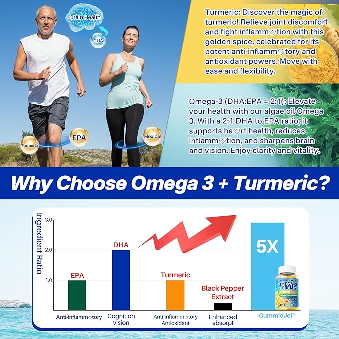 Vegan Omega-3 Gummies 1000mg + Turmeric - Omega 3 Fish Oil Alternative for Adults - Algae Omega DHA 600mg & EPA 300mg, Vitamins A, C, E, Zinc & MSM - Mobility, Immune, Eye & Brain, Sugar Free, 120 Cts